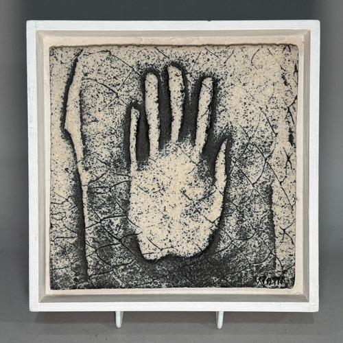 45 - ARR Ulla Viotti (Swedish b1933) Ceramic bas relief tile sculpted with a hand, incised signature to t... 