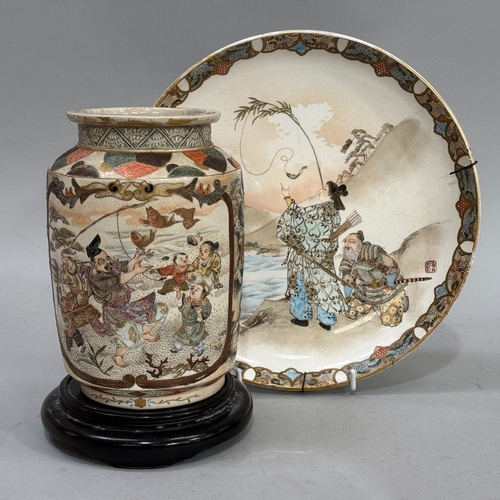 71 - Late 19th/early 20th century Japanese pottery vase painted with panels of fishermen and children, di... 