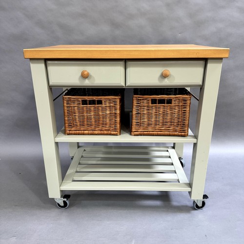 364 - A modern grey painted butchers block with beech top, two drawers above two tiers, with two storage b... 