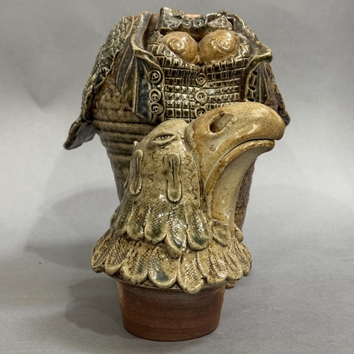 55 - Jennie Hale (20/21st Century), Studio Pottery - a salt glaze stoneware bird of prey and cover, the b... 