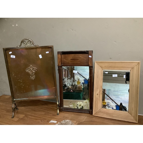 332 - A Victorian copper fire guard, a mahogany inlaid wall mirror and a rectangular modern pine mirror