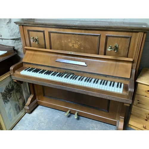 366 - An Ernst Caps walnut upright piano, the upright inlaid with satinwood floral detail having two brass... 