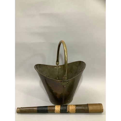 89 - A brass coal bucket with swing handle, approx. 50cm with handle, together with a two draw telescope ... 