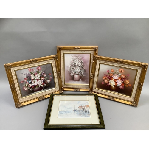 329 - Three modern, floral still lives, oil on board, signed 'Goldberg' to lower right, framed, 19cm x 24c... 