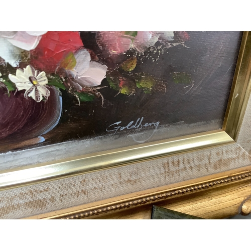 329 - Three modern, floral still lives, oil on board, signed 'Goldberg' to lower right, framed, 19cm x 24c... 