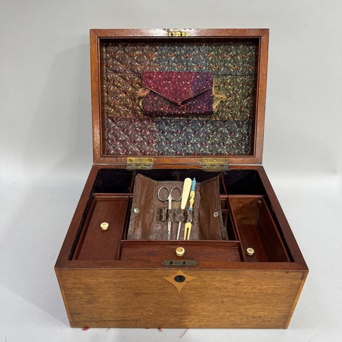 221 - A Victorian and mahogany inlaid workbox with lidded and open compartments and lift out tray 32cm wid... 