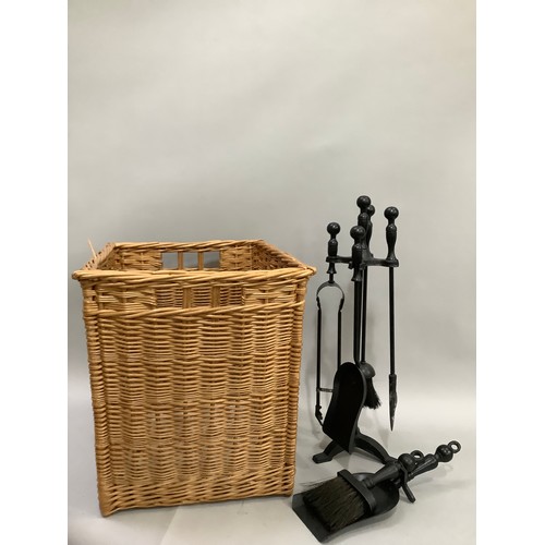 156 - A wicker log basket, rectangular and a set of black fire irons, coal shovel and brush