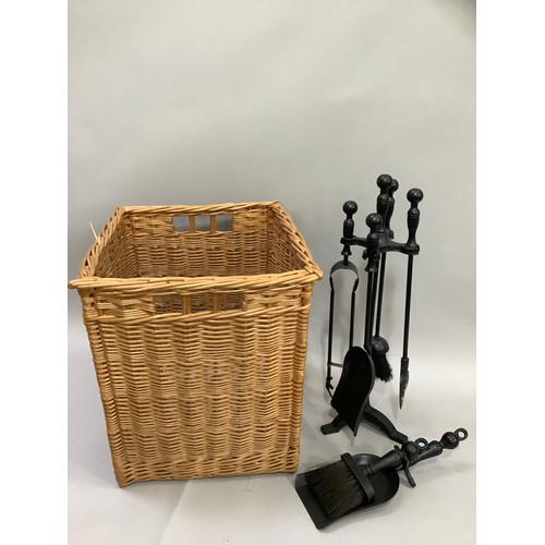 156 - A wicker log basket, rectangular and a set of black fire irons, coal shovel and brush