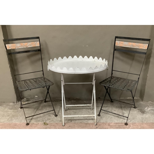 159 - A white metal garden tray topped table together with two folding garden chairs