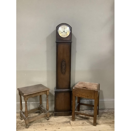 122 - An oak 1930s granddaughter clock together with a 1930s stool with lift up upholstered stool and a sm... 