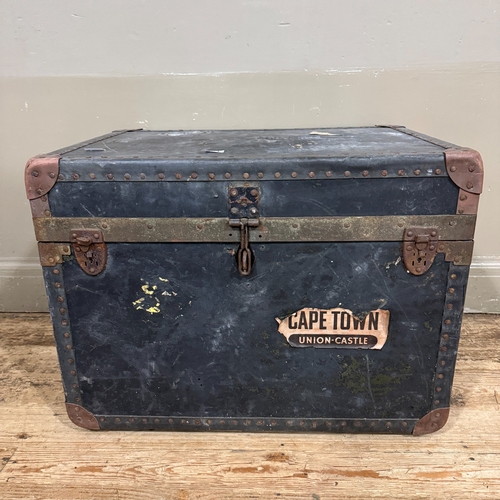 311 - A metal bound travel trunk, 68cm x 50cm x 49cm deep