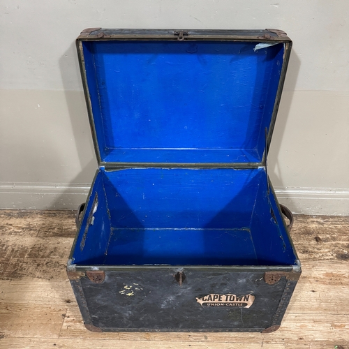 311 - A metal bound travel trunk, 68cm x 50cm x 49cm deep