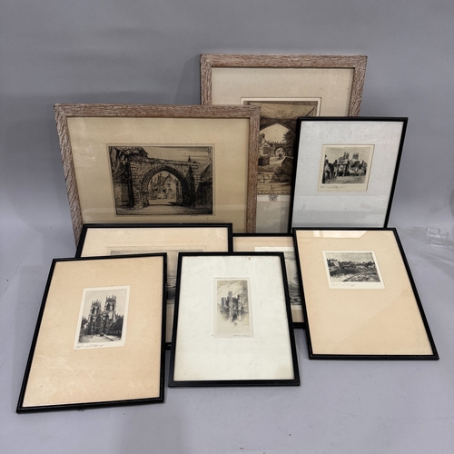 377 - A collection of sepia and black and white etchings including after Edward J Burrow, the Archway, Rep... 