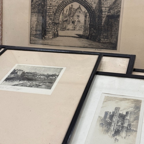 377 - A collection of sepia and black and white etchings including after Edward J Burrow, the Archway, Rep... 