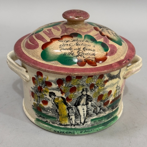 61 - A 19th century Sunderland lustre two handled pot and cover, transfer decorated and enamelled with th... 