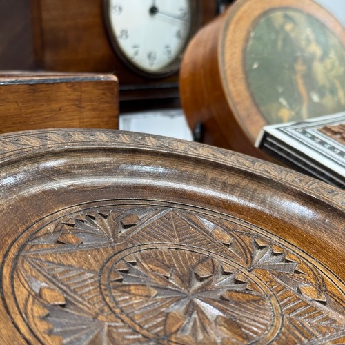 203 - A 1920s mahogany mantel clock, a Victorian walnut box (no fittings), mauchline ware glass holder, An... 