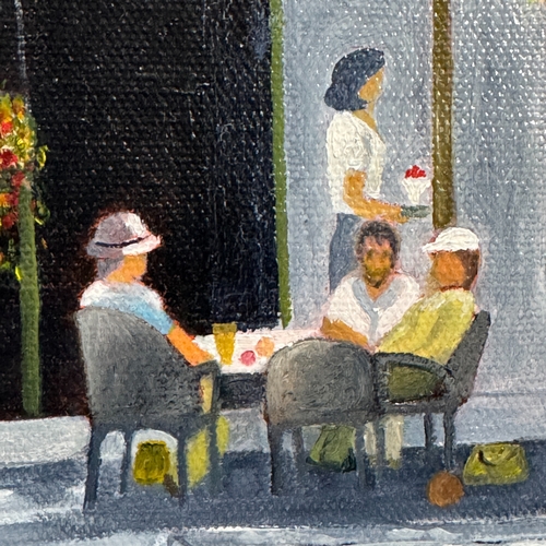 165 - Anjie Slater 'Holiday Memories'  pavement café  oil on canvas signed to lower right 28.5 x28.5cm