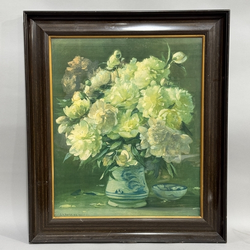 76 - A large still life of flowers held in a blue and white vase, after G. R. Barse, in faux bois frame, ... 