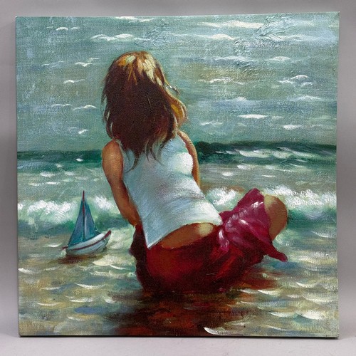 372 - A modern oil of a child on the shore line with toy boat, unsigned, oil on canvas, 80cm x 60cm