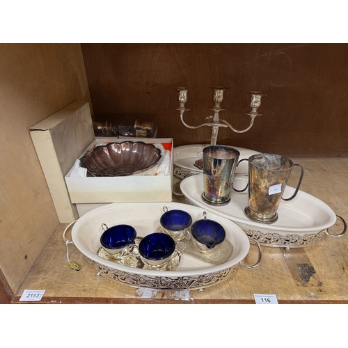 116 - Six boxed silver plated egg cup and spoon sets, a pair of pint tankards (one boxed), two Reed and Ba... 