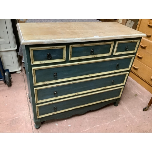 130 - A bleached oak chest of drawers, three short above three long drawers, painted in cream and teal, ca... 