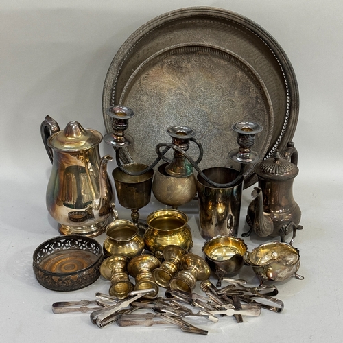 87 - Two silver plated galleried trays, coffee pot (finial detached), wine coaster, tankard, sauce boats,... 