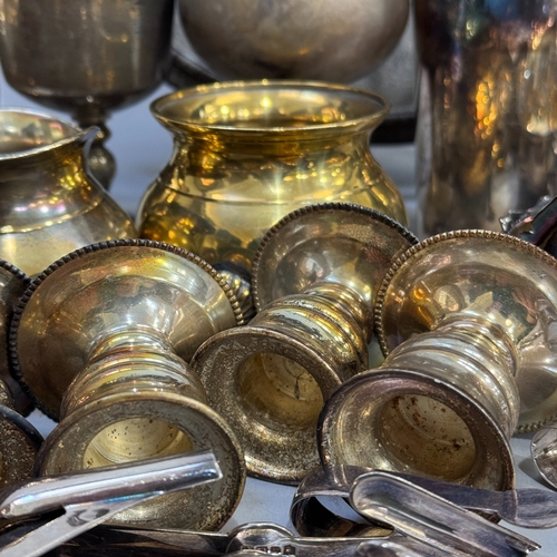 87 - Two silver plated galleried trays, coffee pot (finial detached), wine coaster, tankard, sauce boats,... 