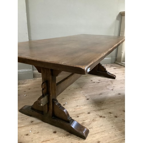 361 - An oak pillar end refectory table, originally from Smiths The Rink, 214cm x 91cm