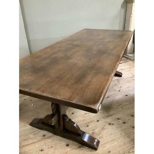 361 - An oak pillar end refectory table, originally from Smiths The Rink, 214cm x 91cm