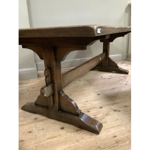 361 - An oak pillar end refectory table, originally from Smiths The Rink, 214cm x 91cm