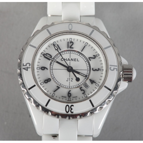 251 - A CHANEL LADY'S J12 WHITE CERAMIC AND STEEL QUARTZ WRISTWATCH No. L.H. 35117, white stepped dial wit... 
