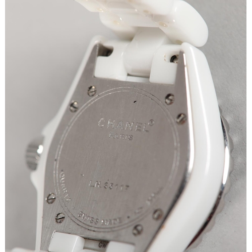 251 - A CHANEL LADY'S J12 WHITE CERAMIC AND STEEL QUARTZ WRISTWATCH No. L.H. 35117, white stepped dial wit... 