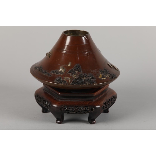 126 - MIYABE ATSUYOSHI OF KYOTO (Act 1850-1900) MEIJI PERIOD, A Japanese inlaid bronze vase of conical for... 