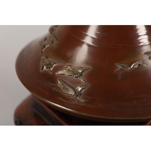 126 - MIYABE ATSUYOSHI OF KYOTO (Act 1850-1900) MEIJI PERIOD, A Japanese inlaid bronze vase of conical for... 