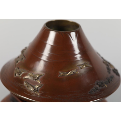 126 - MIYABE ATSUYOSHI OF KYOTO (Act 1850-1900) MEIJI PERIOD, A Japanese inlaid bronze vase of conical for... 