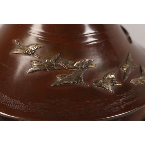 126 - MIYABE ATSUYOSHI OF KYOTO (Act 1850-1900) MEIJI PERIOD, A Japanese inlaid bronze vase of conical for... 