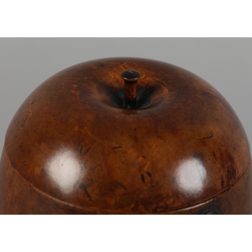 41 - A GEORGE III FRUITWOOD APPLE-SHAPED TEA CADDY, early 19th century, 12.5cm high