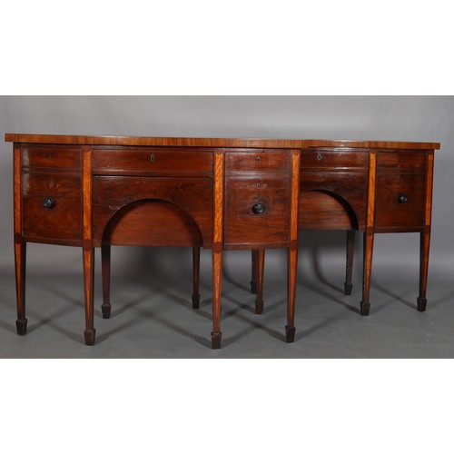 432 - A PAIR OF LATE 18TH/EARLY 19TH CENTURY BOW FRONTED MAHOGANY AND SATINWOOD INLAID SIDEBOARDS, with eb... 