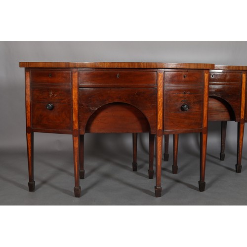 432 - A PAIR OF LATE 18TH/EARLY 19TH CENTURY BOW FRONTED MAHOGANY AND SATINWOOD INLAID SIDEBOARDS, with eb... 