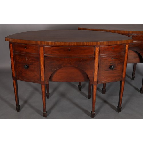 432 - A PAIR OF LATE 18TH/EARLY 19TH CENTURY BOW FRONTED MAHOGANY AND SATINWOOD INLAID SIDEBOARDS, with eb... 