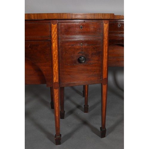 432 - A PAIR OF LATE 18TH/EARLY 19TH CENTURY BOW FRONTED MAHOGANY AND SATINWOOD INLAID SIDEBOARDS, with eb... 