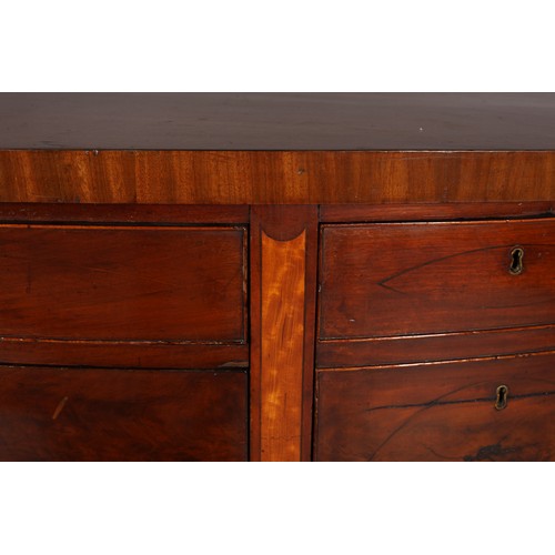 432 - A PAIR OF LATE 18TH/EARLY 19TH CENTURY BOW FRONTED MAHOGANY AND SATINWOOD INLAID SIDEBOARDS, with eb... 