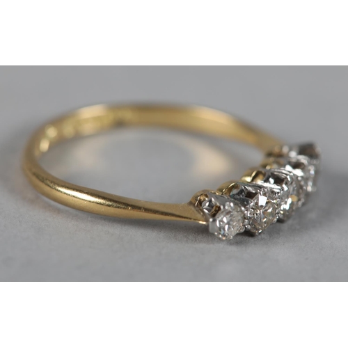 366 - A five stone diamond ring c1960, the graduated brilliant cut stones claw set in line, in yellow and ... 