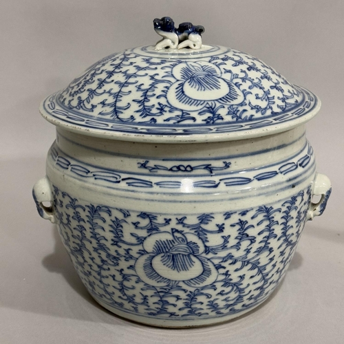 6 - A Chinese Penang Straits blue and white bowl and cover with dog of fo finial painted with flower hea... 