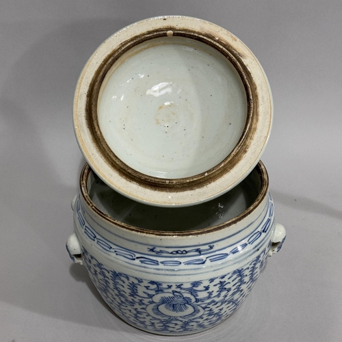 6 - A Chinese Penang Straits blue and white bowl and cover with dog of fo finial painted with flower hea... 