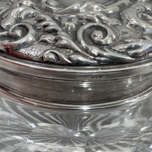 332 - A Queen Elizabeth II cut glass silver topped dressing table pin jar Birmingham 1969 for WI Broadway ... 