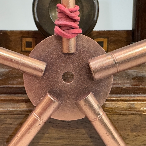 422 - An Edward VII mahogany and inlaid Portico clock with pendulum and key, 27cm high