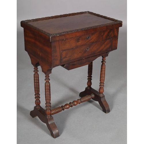 387 - A MID 19TH CENTURY CONTINENTAL MAHOGANY WORK TABLE, the rectangular lift up top having a riband moul... 