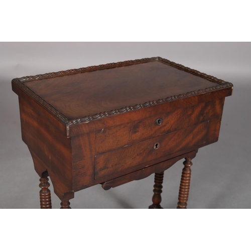 387 - A MID 19TH CENTURY CONTINENTAL MAHOGANY WORK TABLE, the rectangular lift up top having a riband moul... 