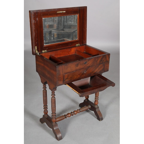 387 - A MID 19TH CENTURY CONTINENTAL MAHOGANY WORK TABLE, the rectangular lift up top having a riband moul... 